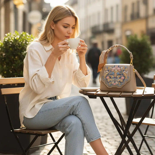 Chinese Floral Embroidered Crossbody Bag with Scarf | Unique Designer Handbag in Beige PU Leather