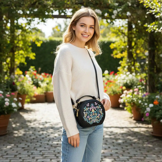 Chinese Auspicious Floral Round Crossbody Bag | Unique Designer Handbag in Black PU Leather