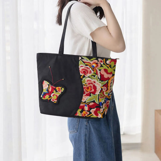 Bohemian Floral Butterfly Embroidered Black Nylon Daily Shoulder Tote Bag