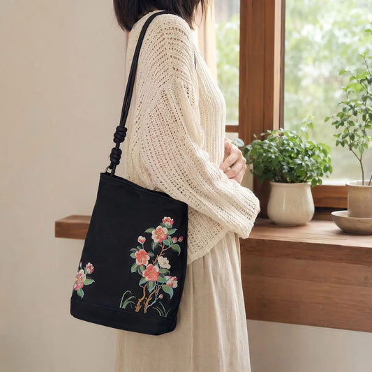 Black Crabapple Blossom Embroidered Waterproof Oxford Tote Bag