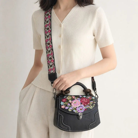 Boho Vintage Floral Embroidered PU Leather Saddle Crossbody Bag with Top Handle