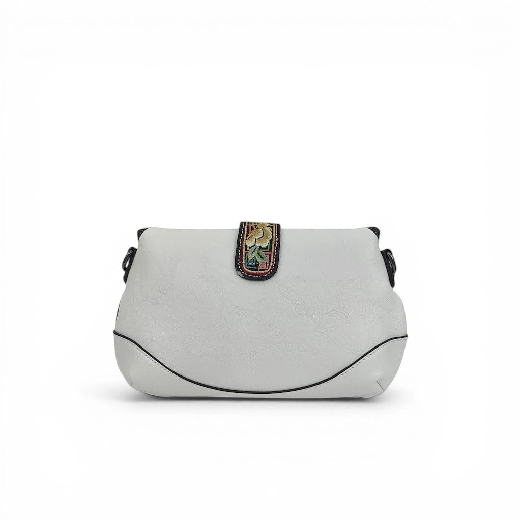 White Floral Embroidered Saddle Crossbody Bag | Chinese Key Pattern PU Leather Purse