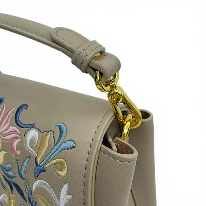 Embroidered Floral Crossbody Bag for Women – Oriental Art Beige PU Leather with Scarf