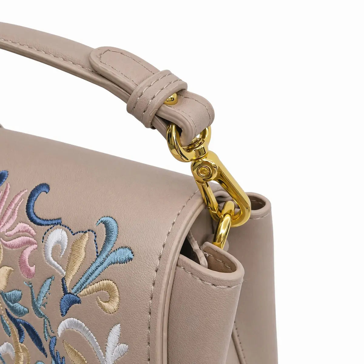 Beige PU Leather Vintage Floral Embroidered Crossbody Handbag with Decorative Silk Scarf