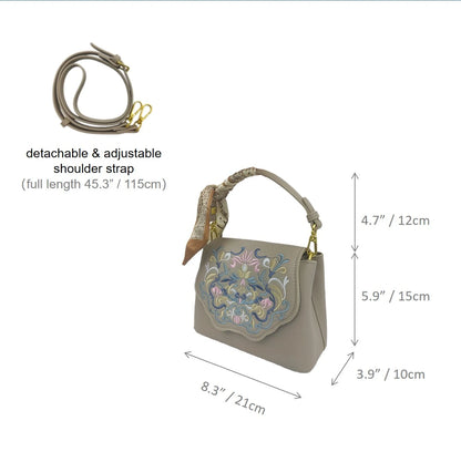 Embroidered Floral Crossbody Bag for Women – Oriental Art Beige PU Leather with Scarf
