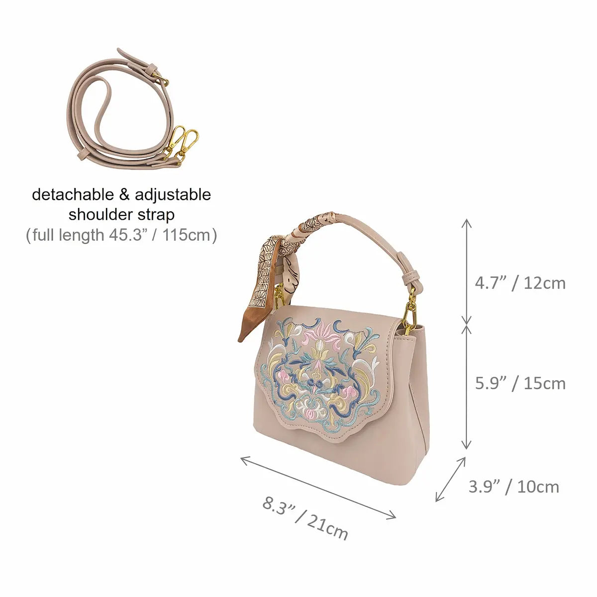Beige PU Leather Vintage Floral Embroidered Crossbody Handbag with Decorative Silk Scarf