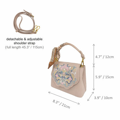 Beige PU Leather Vintage Floral Embroidered Crossbody Handbag with Decorative Silk Scarf