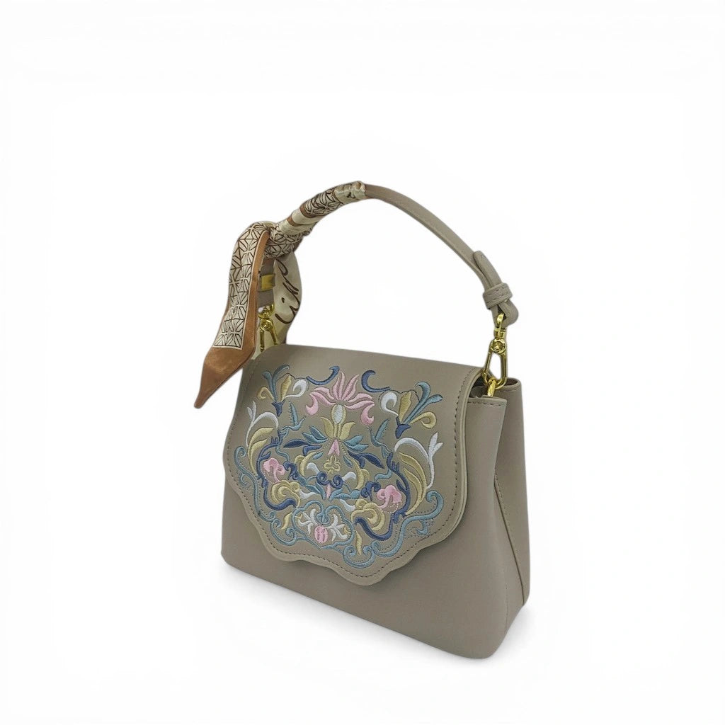 Embroidered Floral Crossbody Bag for Women – Oriental Art Beige PU Leather with Scarf