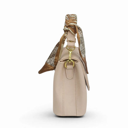 Beige PU Leather Vintage Floral Embroidered Crossbody Handbag with Decorative Silk Scarf