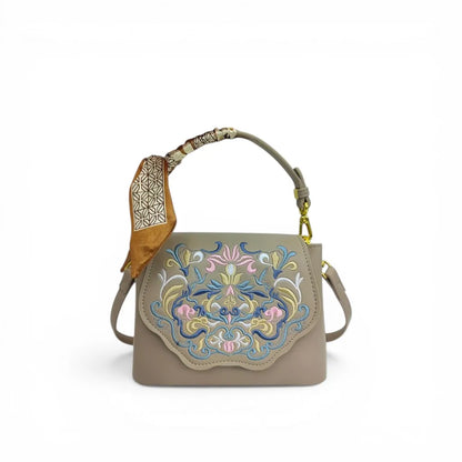 Embroidered Floral Crossbody Bag for Women – Oriental Art Beige PU Leather with Scarf