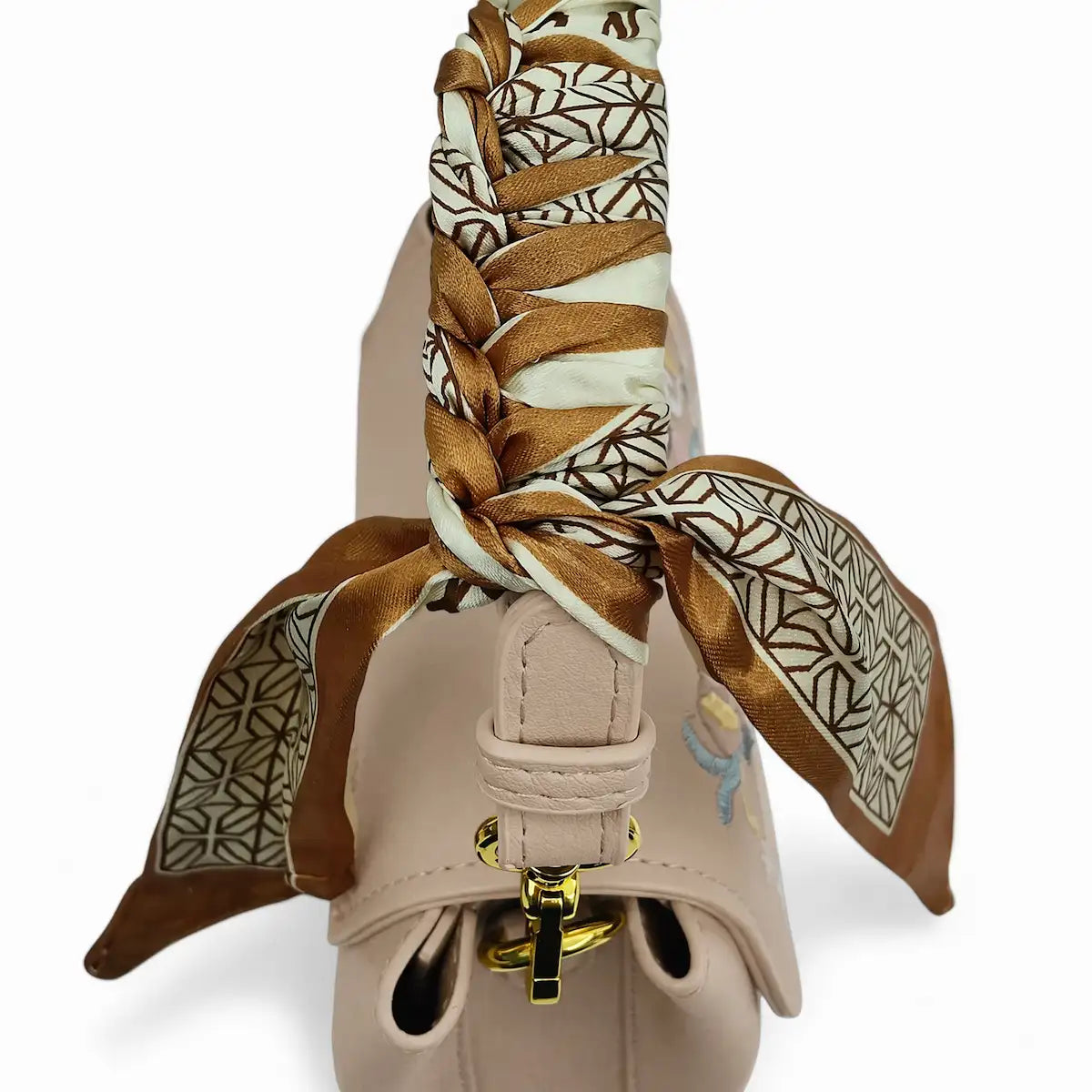 Beige PU Leather Vintage Floral Embroidered Crossbody Handbag with Decorative Silk Scarf