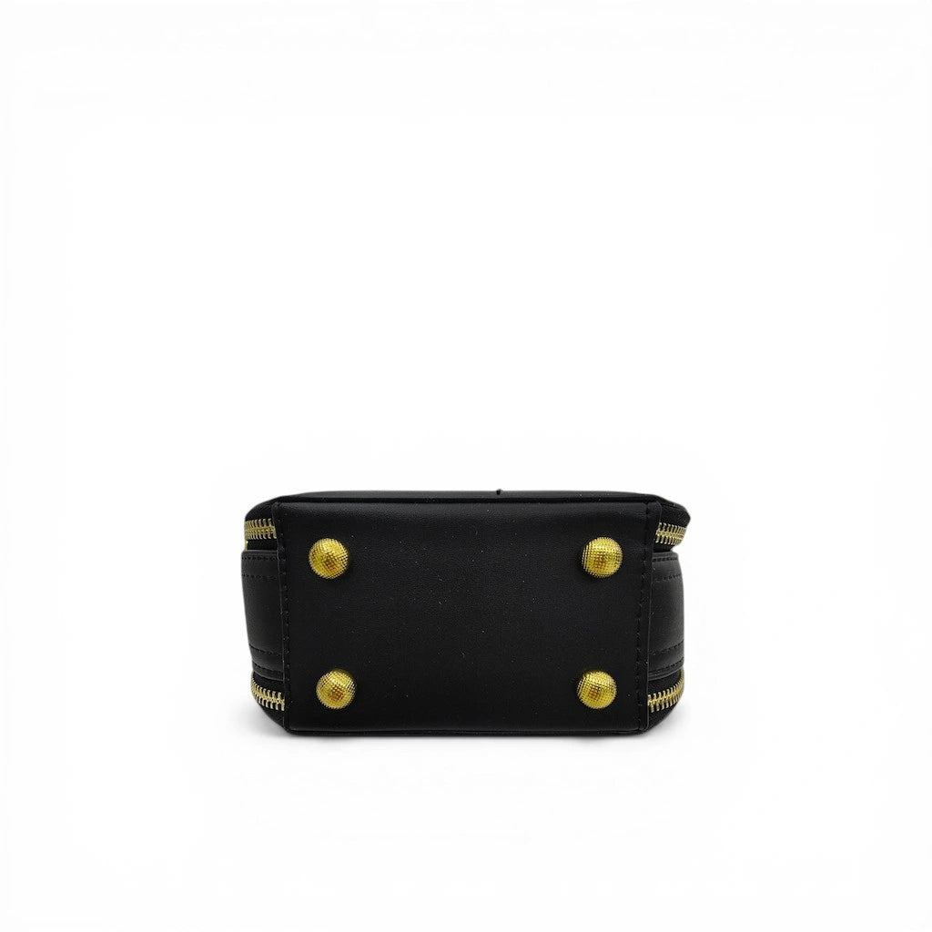 Chinese Auspicious Floral Round Crossbody Bag | Black PU Leather Handbag
