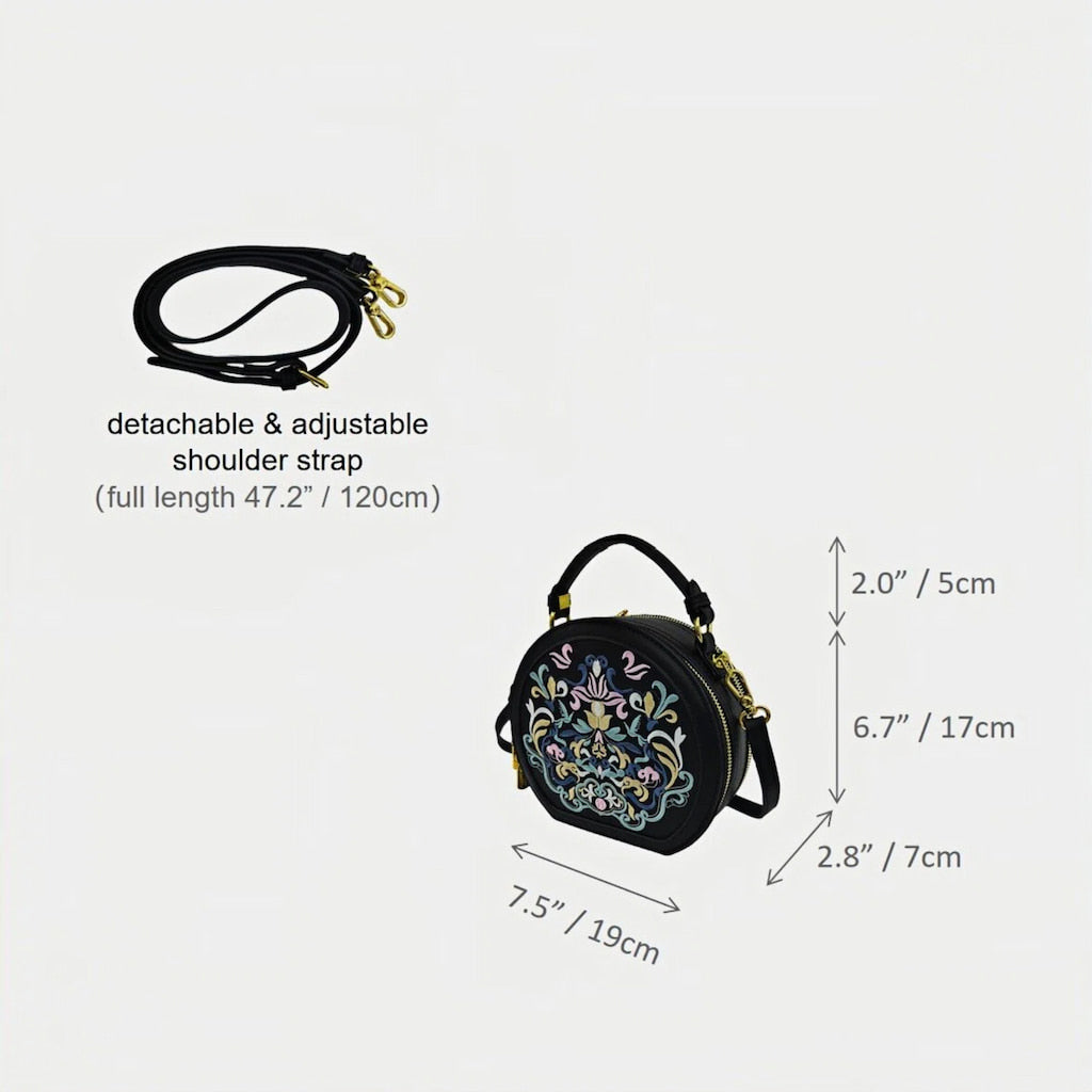 Chinese-vintage-interlock-branch-embroidered-crossbody-circle-bag-PU-leather-dimension