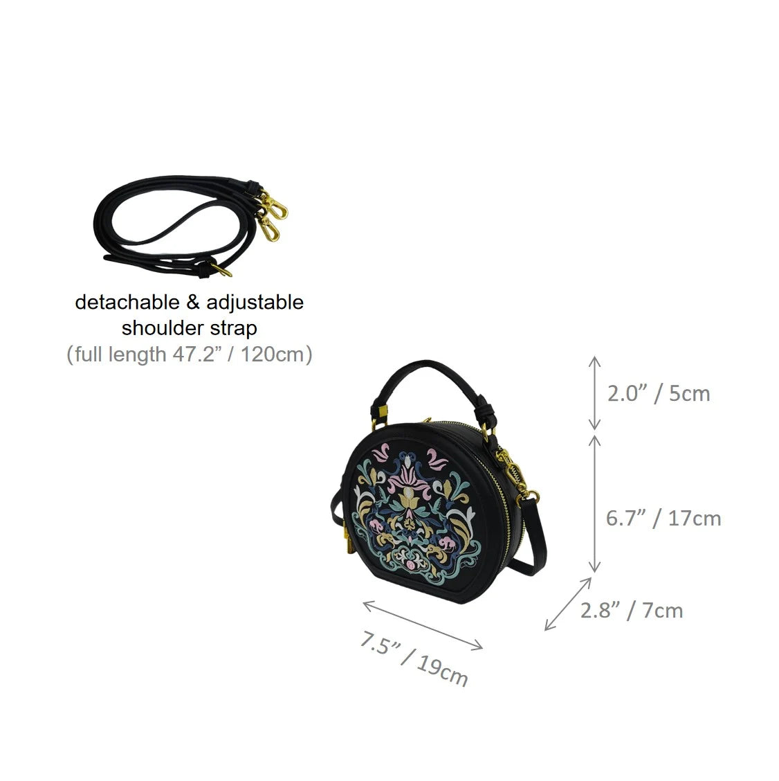 Chinese Auspicious Floral Round Crossbody Bag | Black PU Leather Handbag