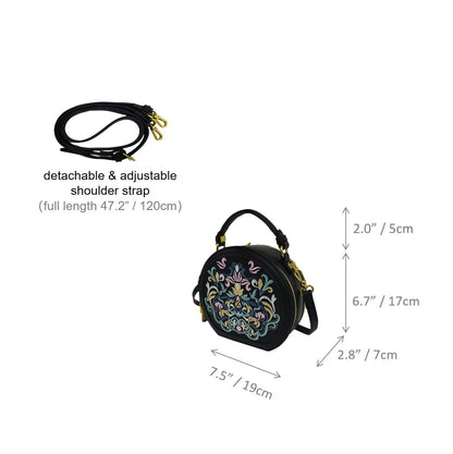 Chinese Auspicious Floral Round Crossbody Bag | Black PU Leather Handbag