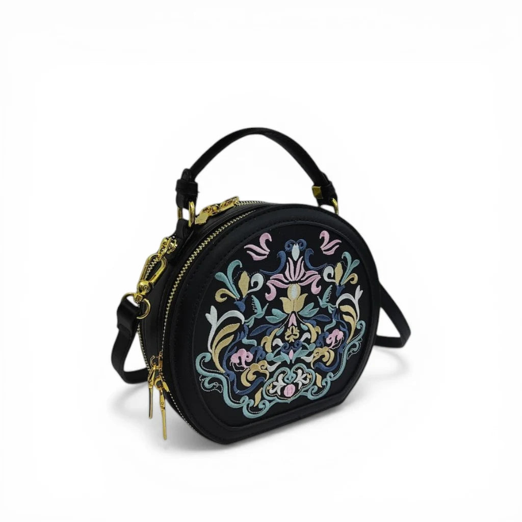Chinese Auspicious Floral Round Crossbody Bag | Black PU Leather Handbag