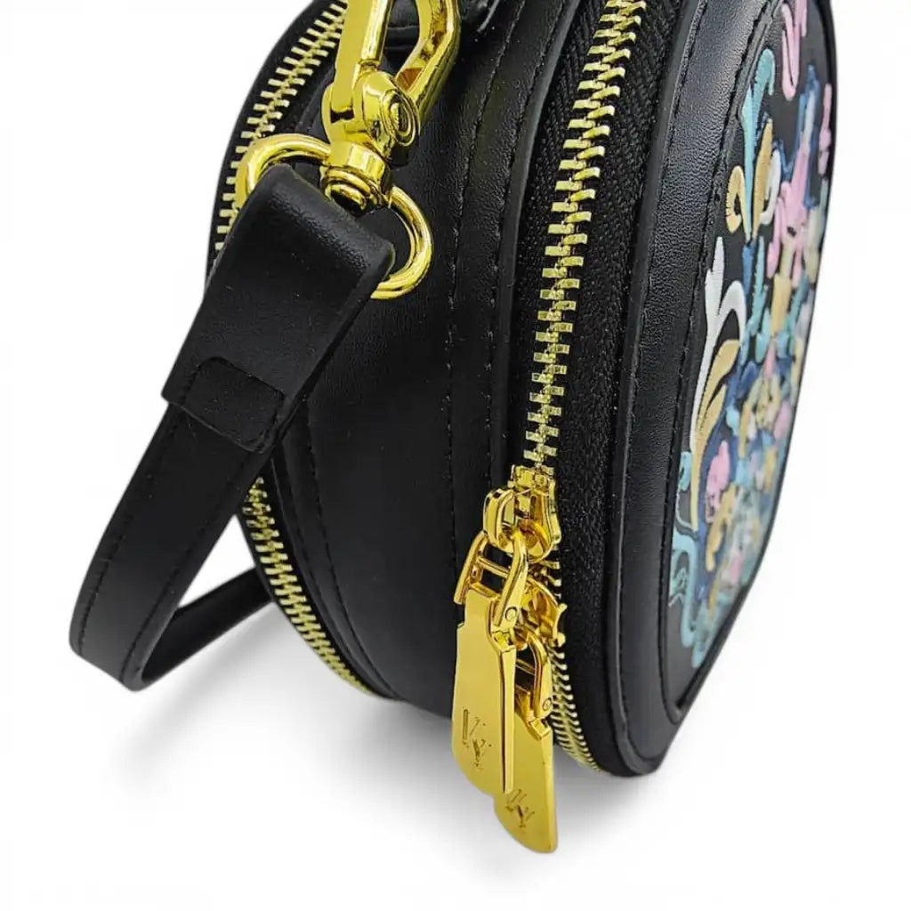 Chinese Auspicious Floral Round Crossbody Bag | Black PU Leather Handbag