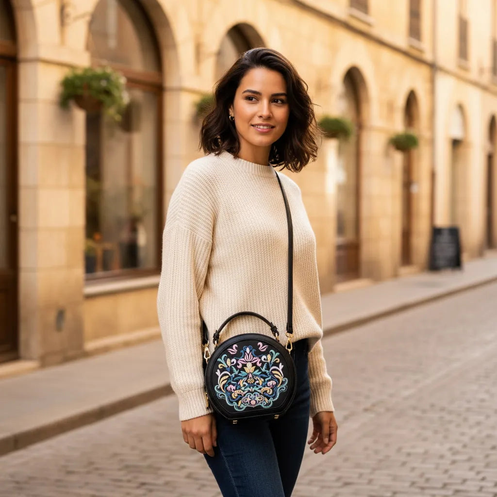 Chinese Auspicious Floral Round Crossbody Bag | Black PU Leather Handbag