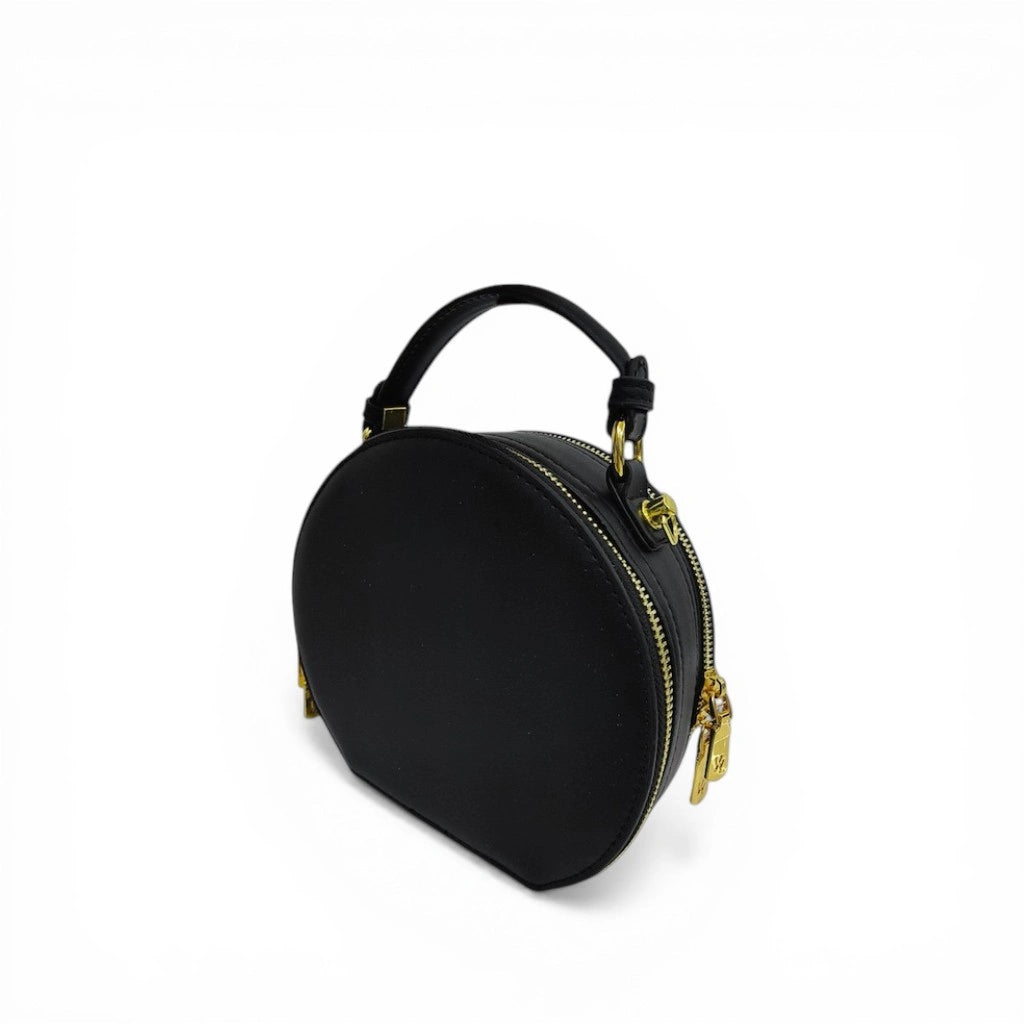 Chinese Auspicious Floral Round Crossbody Bag | Black PU Leather Handbag