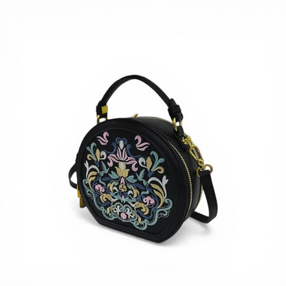 Chinese Auspicious Floral Round Crossbody Bag | Black PU Leather Handbag