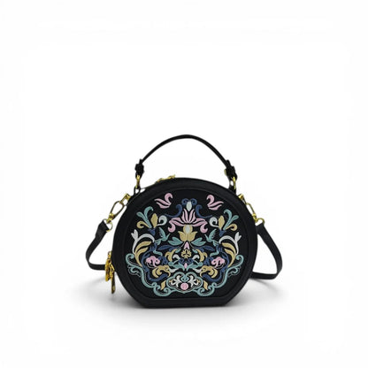 Chinese Auspicious Floral Round Crossbody Bag | Black PU Leather Handbag