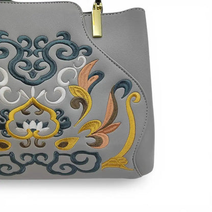 Gray Embroidered Crossbody Bag | PU Leather Tote with Lotus & Cloud Pattern