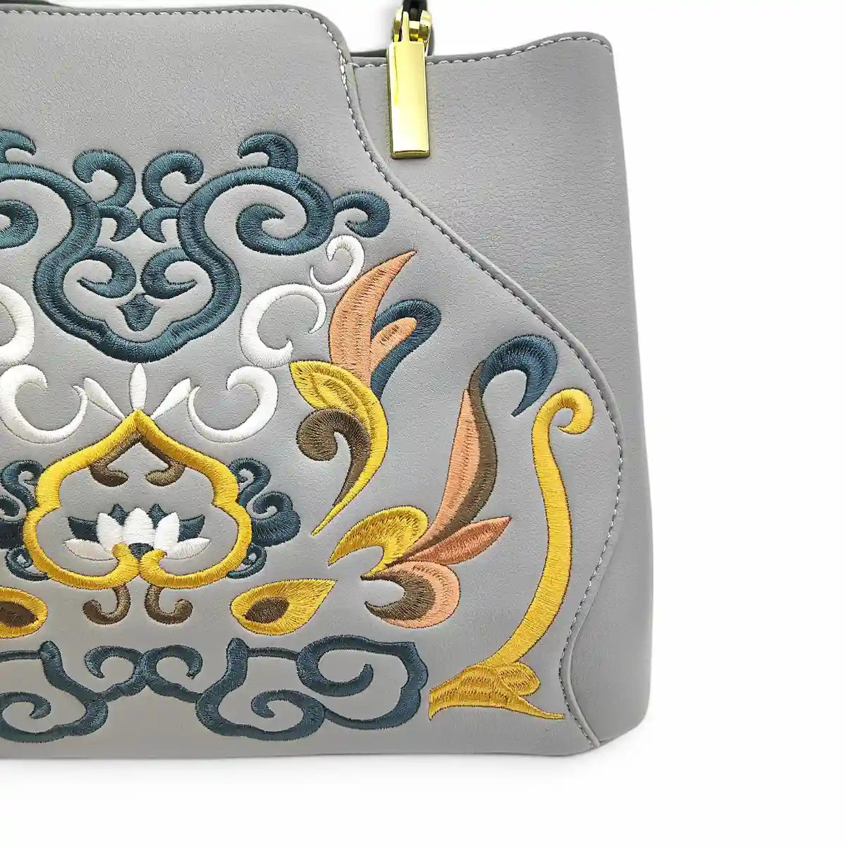 Gray Embroidered Crossbody Bag | PU Leather Tote with Lotus & Cloud Pattern