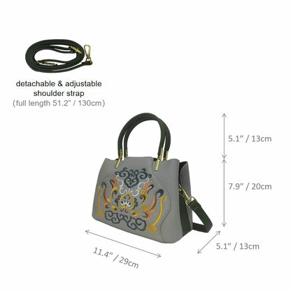 Gray Embroidered Crossbody Bag | PU Leather Tote with Lotus & Cloud Pattern