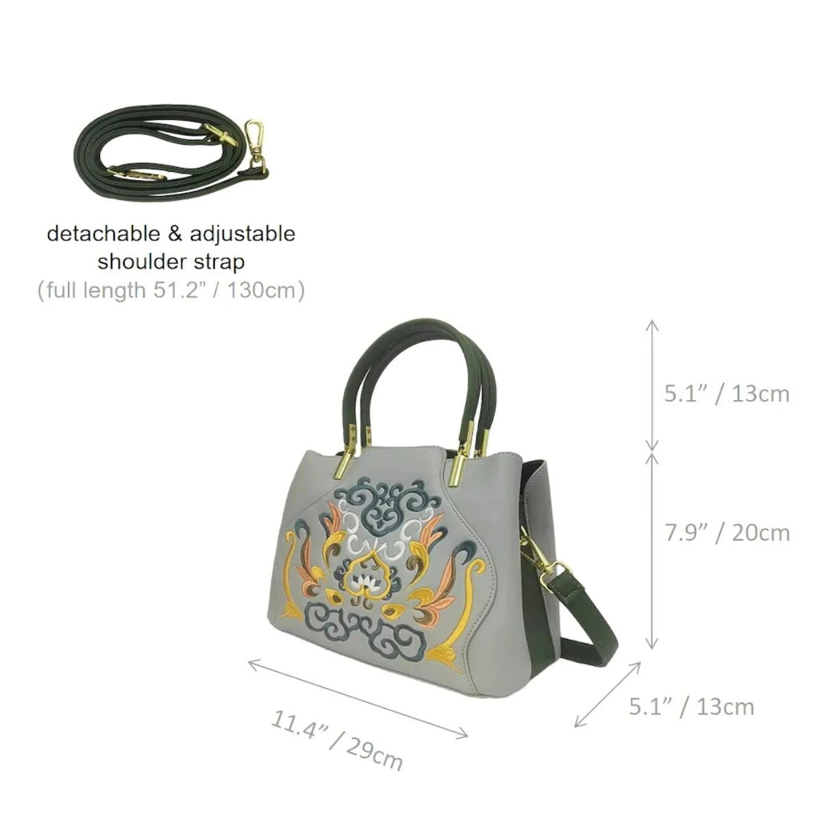 Gray Embroidered Crossbody Bag | PU Leather Tote with Lotus & Cloud Pattern