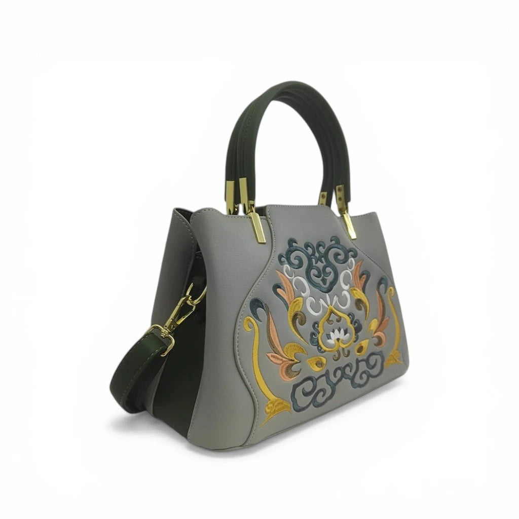 Gray Embroidered Crossbody Bag | PU Leather Tote with Lotus & Cloud Pattern