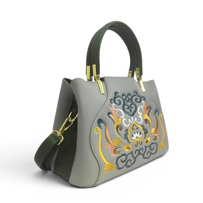 Gray Embroidered Crossbody Bag | PU Leather Tote with Lotus & Cloud Pattern