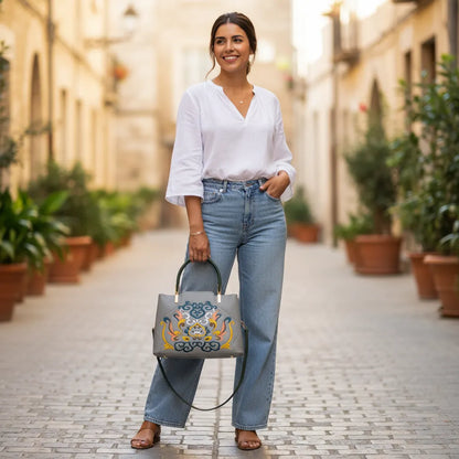 Gray Embroidered Crossbody Bag | PU Leather Tote with Lotus & Cloud Pattern