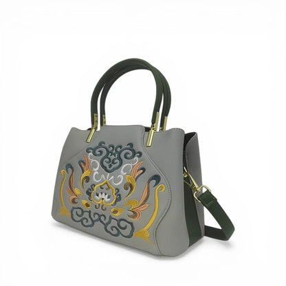 Gray Embroidered Crossbody Bag | PU Leather Tote with Lotus & Cloud Pattern