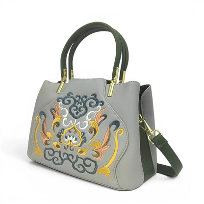 Gray Embroidered Crossbody Bag | PU Leather Tote with Lotus & Cloud Pattern