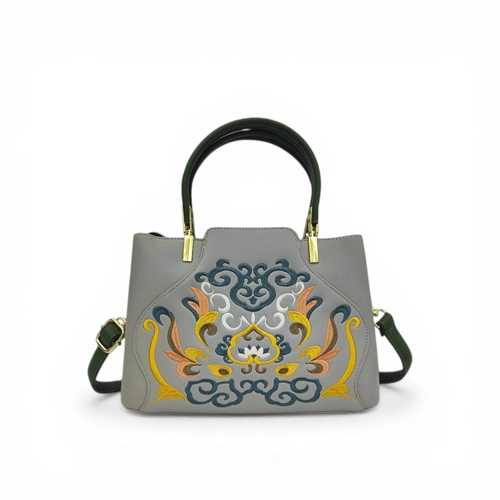 Gray Embroidered Crossbody Bag | PU Leather Tote with Lotus & Cloud Pattern