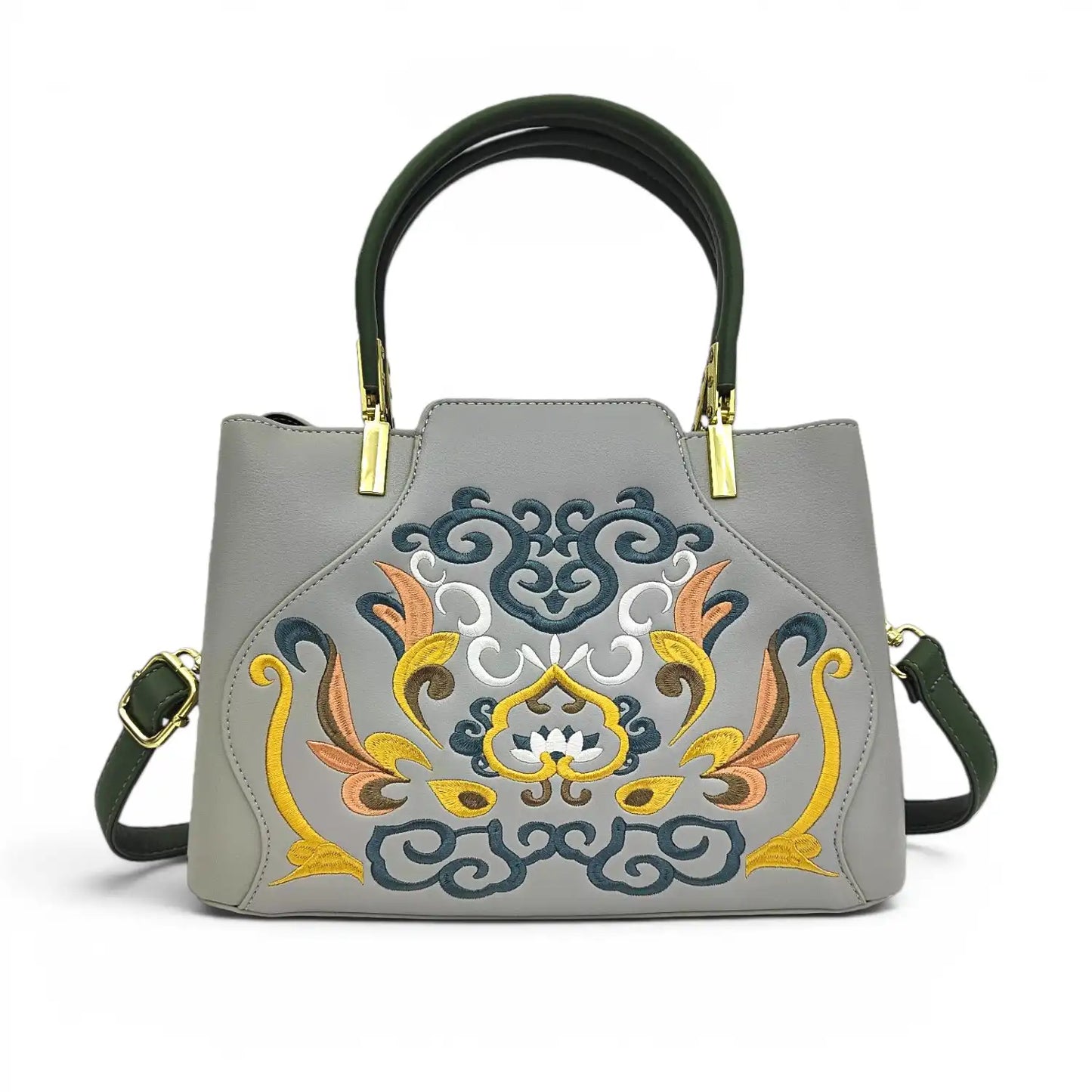 Grey leather handbag with elaborate traditional Chinese floral scroll embroidery, dark green top handle & detachable shoulder strap, polished gold metal hardware, studio shot on plain white background