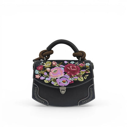 Vintage Floral Embroidered PU Leather Saddle Bag with Top Handle