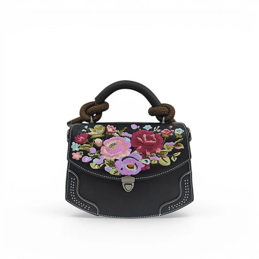 Vintage Floral Embroidered PU Leather Saddle Bag with Top Handle