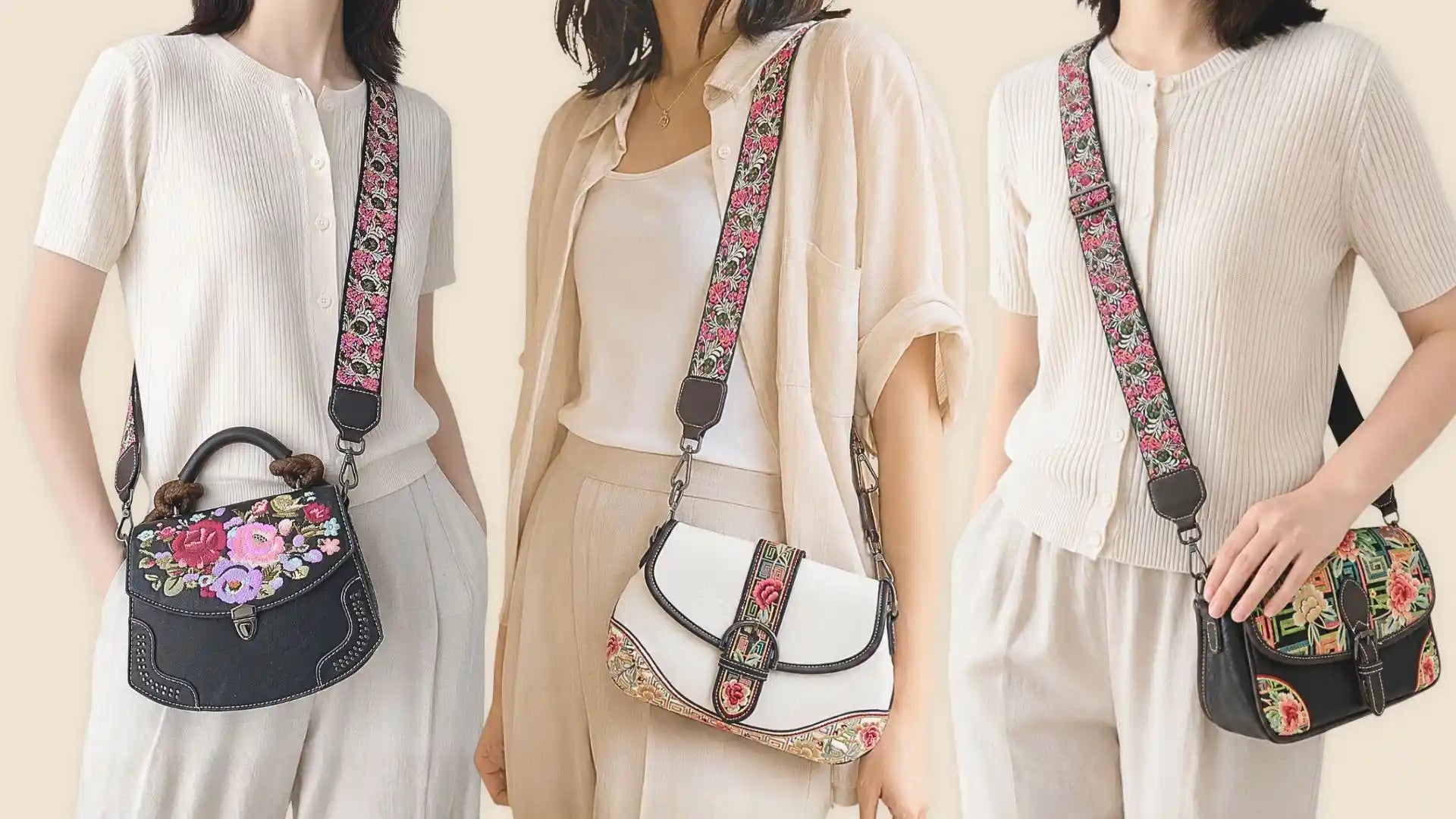 Collage of three boho floral embroidered crossbody handbags with matching wide printed straps, styled with neutral knit tops and linen trousers for cottagecore casual everyday women’s fashion.