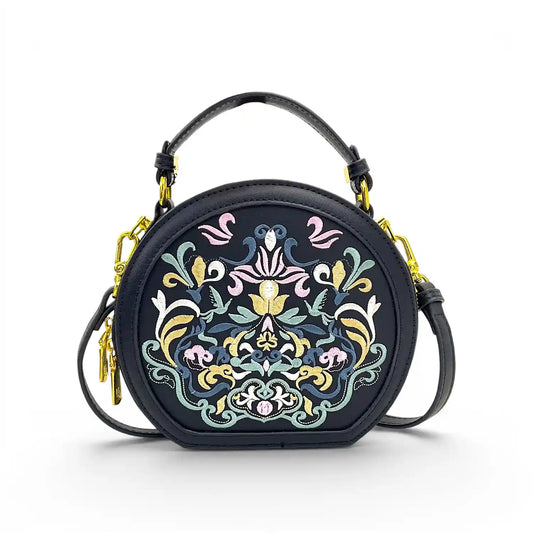 Black round leather crossbody handbag with exquisite traditional Chinese floral embroidery, top handle, detachable shoulder strap and polished gold hardware, studio product shot on plain white background