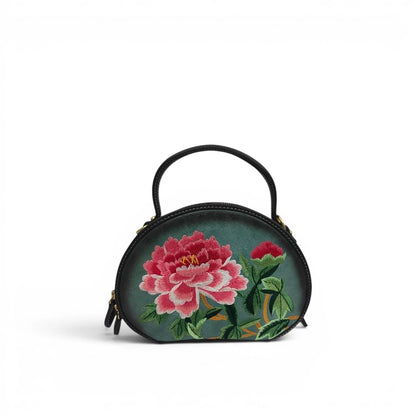 Mini Peony Embroidered Round Bag | Green PU Leather Crossbody with Detachable Strap