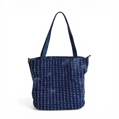 Tie-Dye Denim Phoenix Embroidered Tote Bag with Tassels