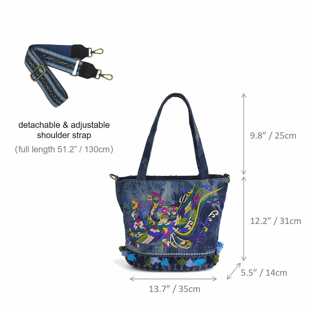 Tie-Dye Denim Phoenix Embroidered Tote Bag with Tassels