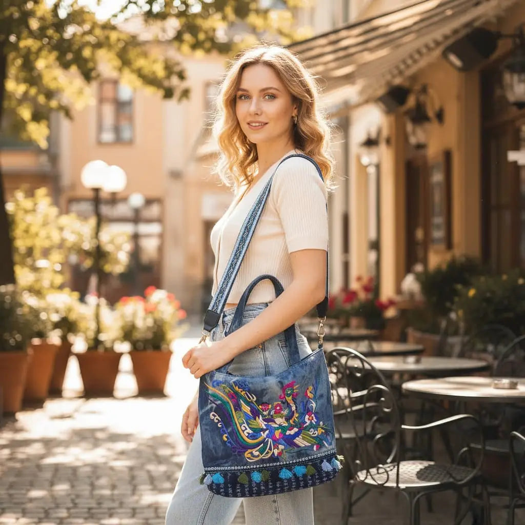 Tie-Dye Denim Phoenix Embroidered Tote Bag with Tassels