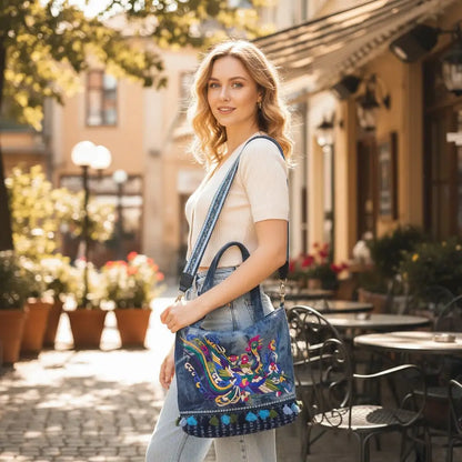 Tie-Dye Denim Phoenix Embroidered Tote Bag with Tassels