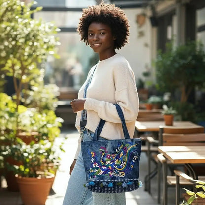 Tie-Dye Denim Phoenix Embroidered Tote Bag with Tassels