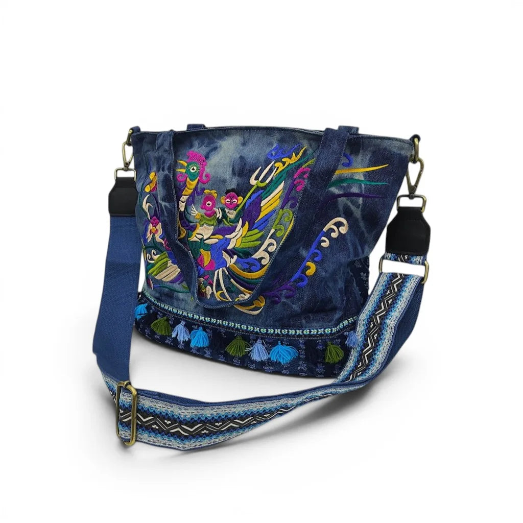Tie-Dye Denim Phoenix Embroidered Tote Bag with Tassels