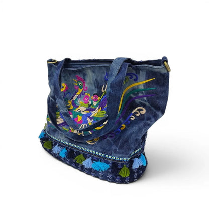 Tie-Dye Denim Phoenix Embroidered Tote Bag with Tassels