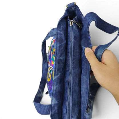 Tie-Dye Denim Phoenix Embroidered Tote Bag with Tassels