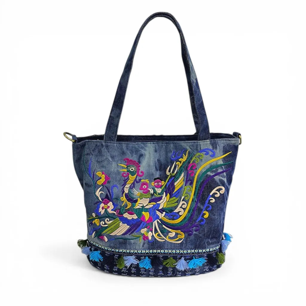 Tie-Dye Denim Phoenix Embroidered Tote Bag with Tassels